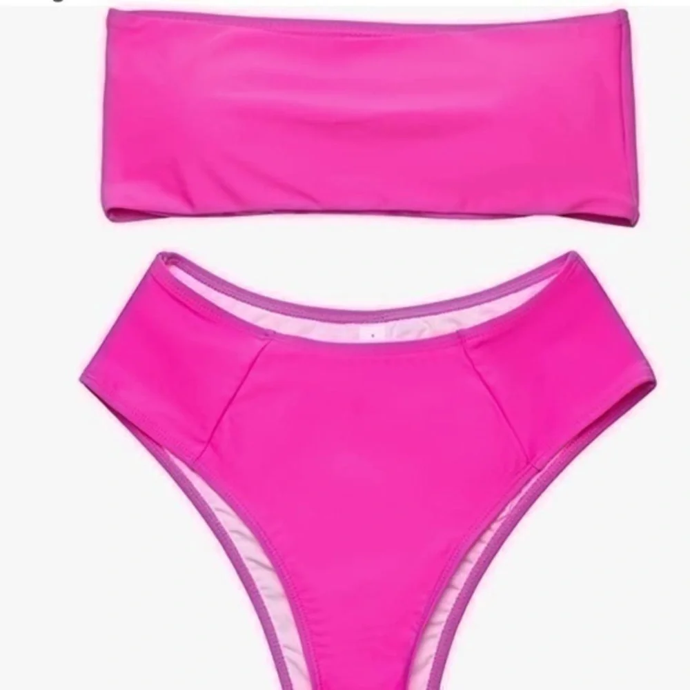 High Waist Bikini Two Piece Bandeau Neon Pink